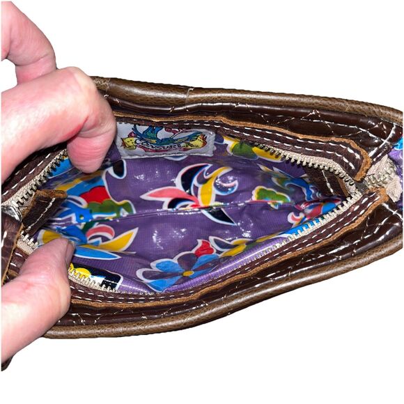 Consuela Quilted Brown Patent w Leather Trim Embroidered Clutch Wristlet NEW - Picture 7 of 14